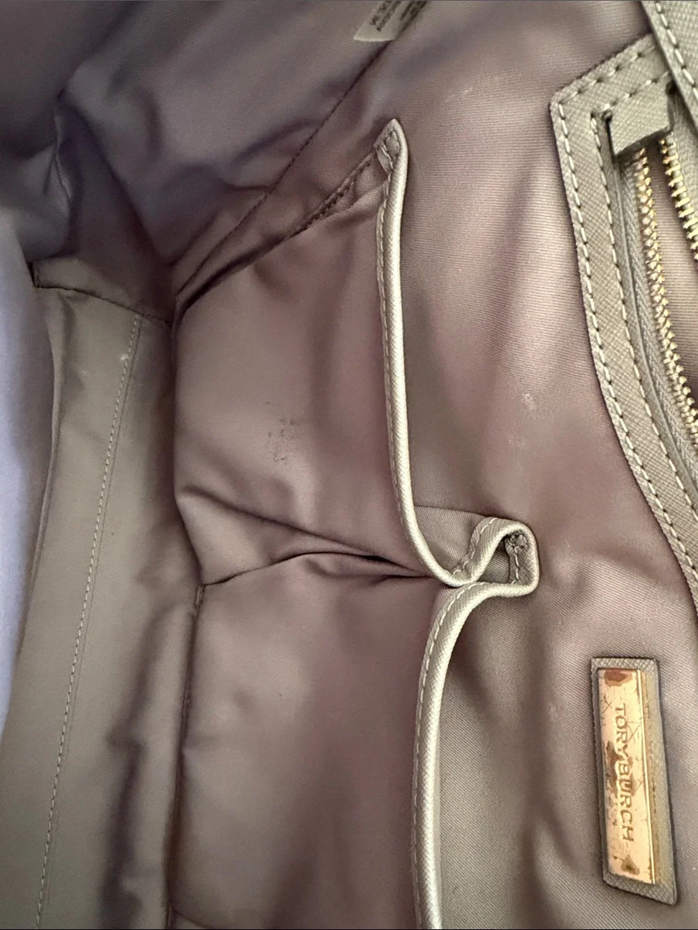 Tory Burch Light Taupe Leather Tote with Exterior Pocket